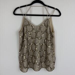 Fab'rik Womens Strappy Sequin Embellished Silk Blend Gold Sleeveless Top Medium